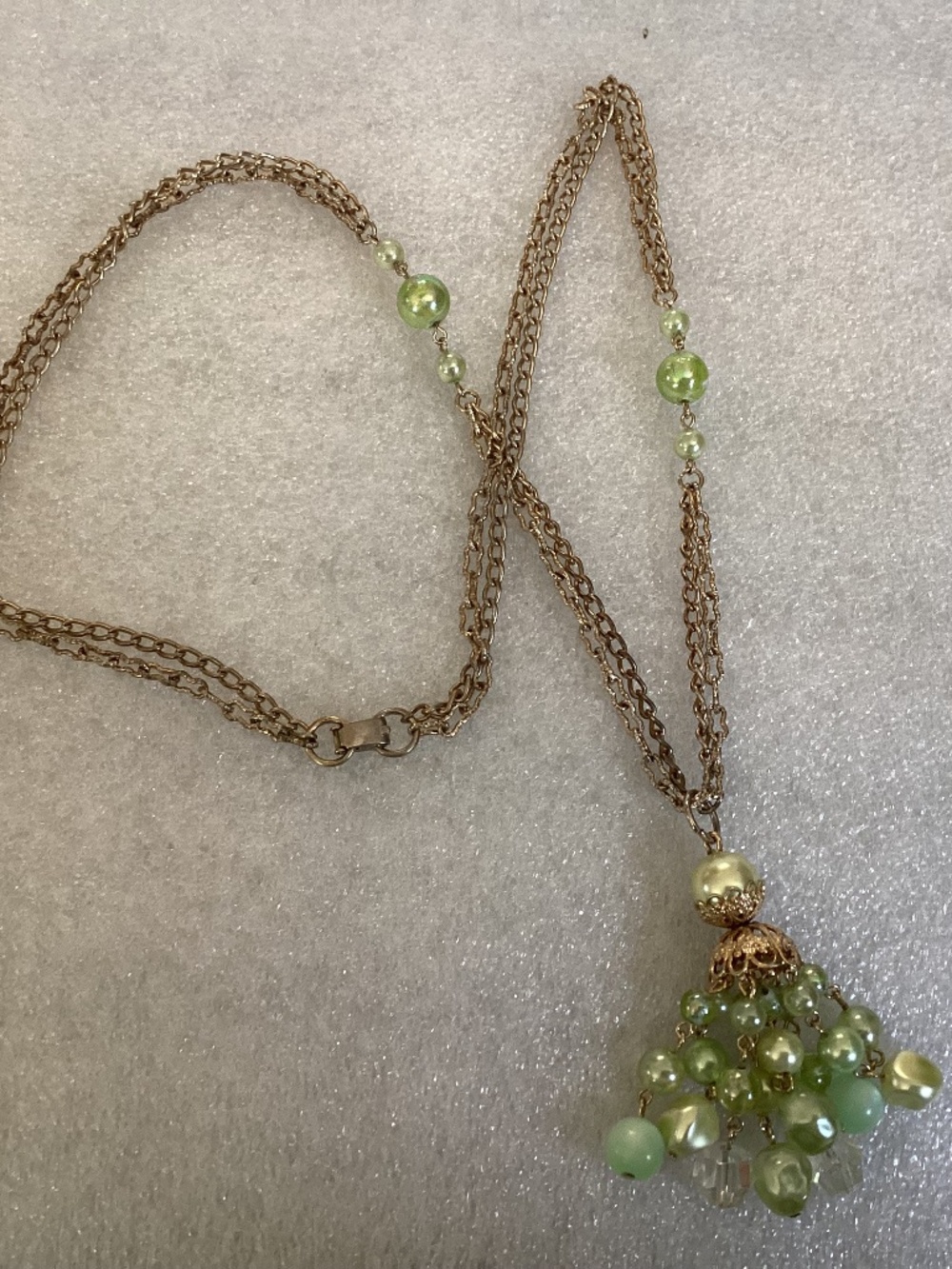 Vintage Double Chain Green Iridescent Bead Cluster Necklace
